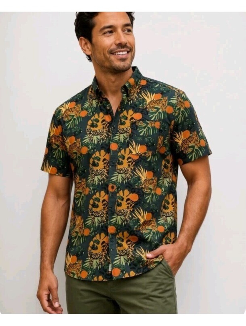 MASSIVE Leopard Jungle Print Short Sleeve Button Up Shirt Green Men's Large NEW